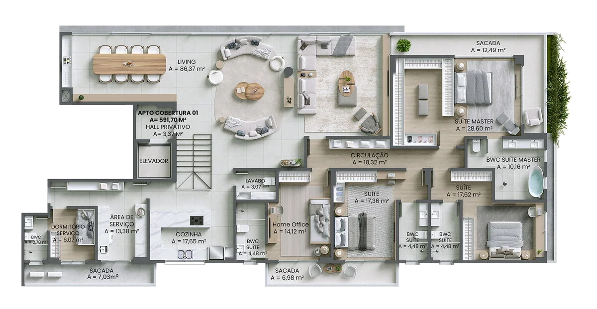 Planta inferior da cobertura duplex final 1 do Brava Concetto — 591,70 m²