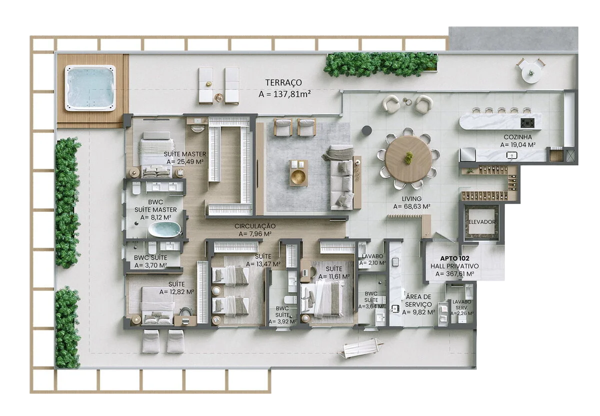 Planta do apartamento garden 102 do Brava Concetto — 367,61 m²